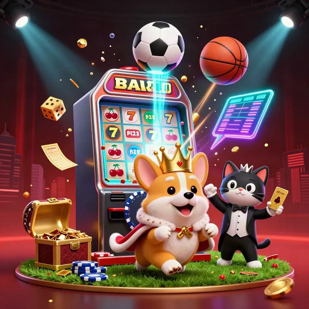 Royal corgi and cat butler amid a neon casino sports explosion with ball, chips, and slot symbols.