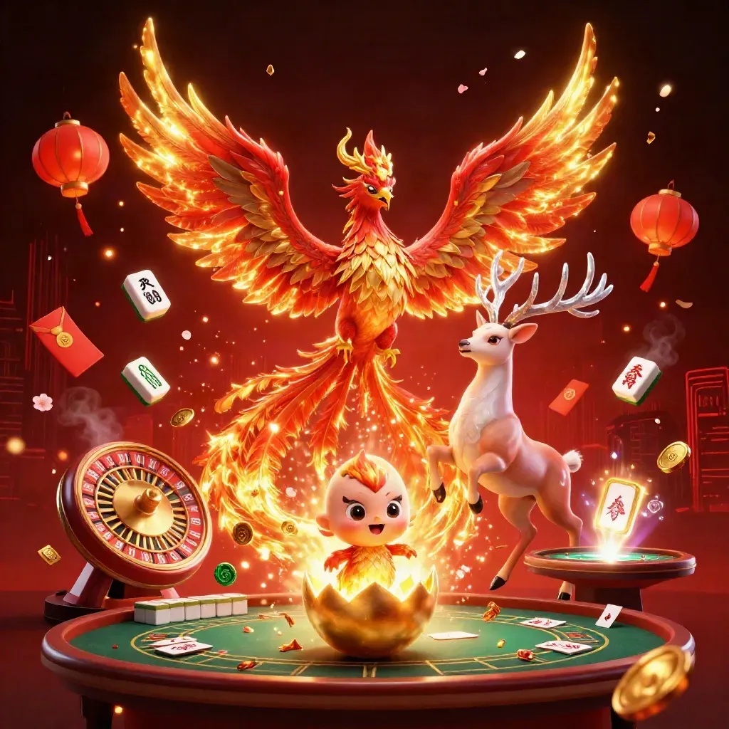 Phoenix, baby phoenix, and crystal-antler stag amid casino lights, gold, and glowing game elements.