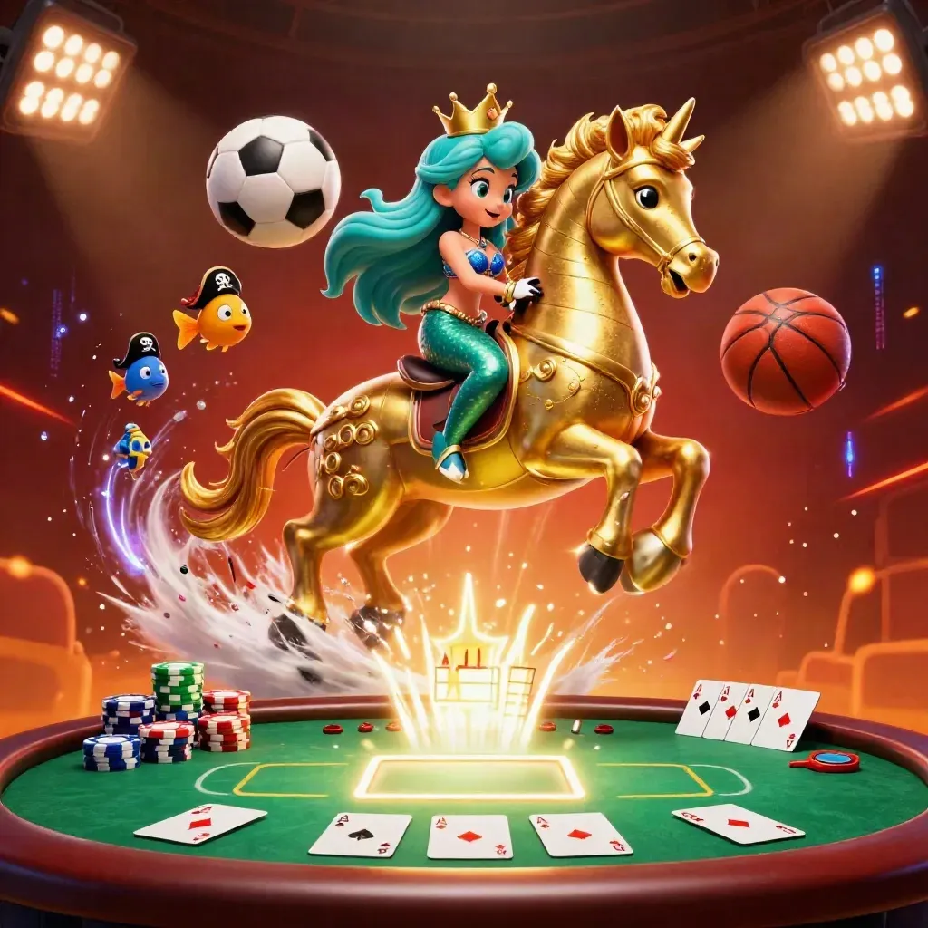 Mermaid princess on armored seahorse amid casino chips, balls, sparks, and ember haze.