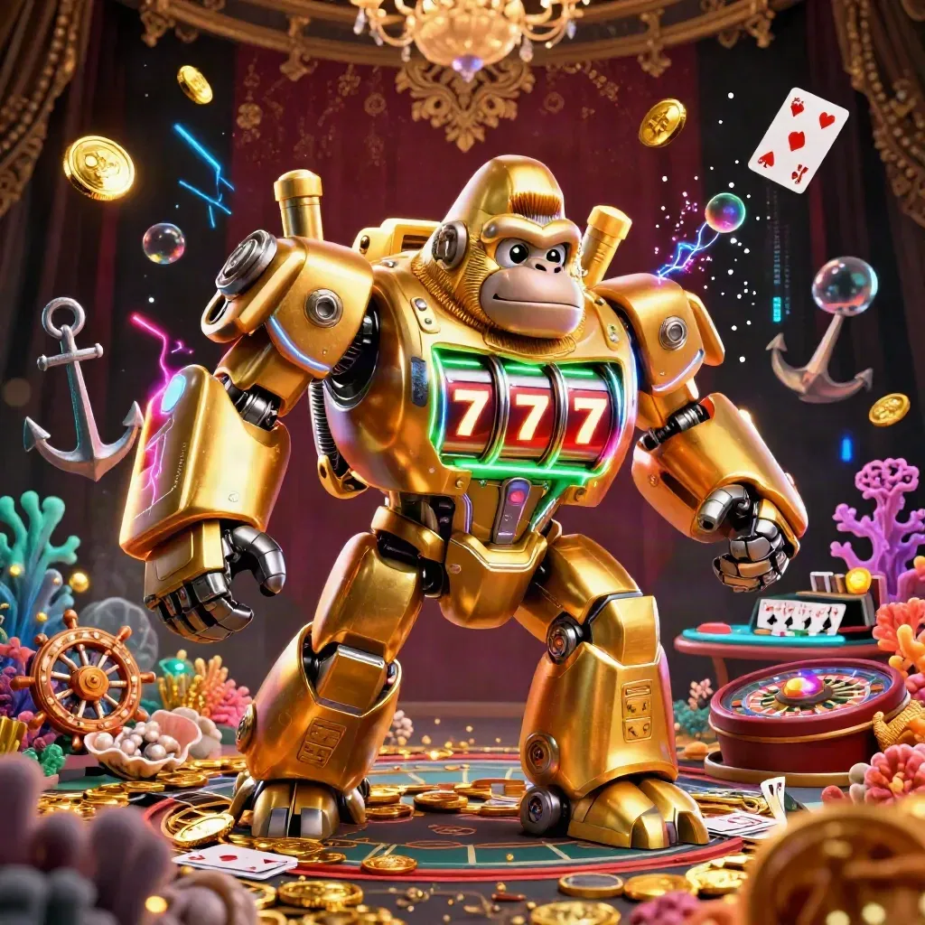 Golden gorilla mech with monkey pilot amid treasure cove casino glow and cards