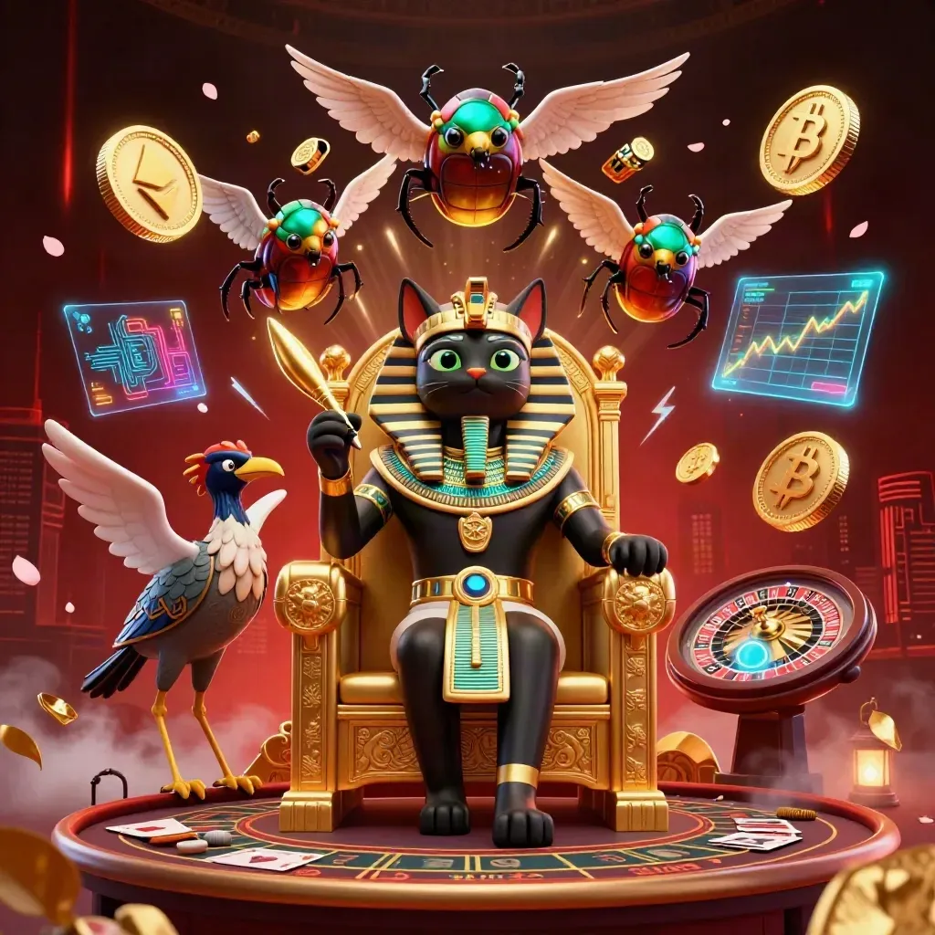 Pharaoh cat, ibis scribe, and gem-wing scarabs amid casino and crypto glow.