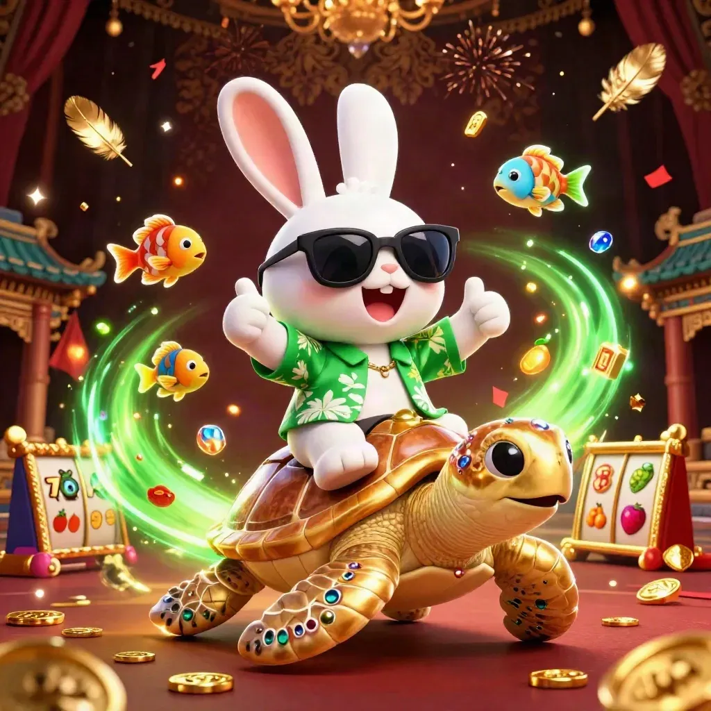 Sunglassed rabbit rides a jeweled sea turtle amid casino gold, sparks, temple gate, and fireworks.