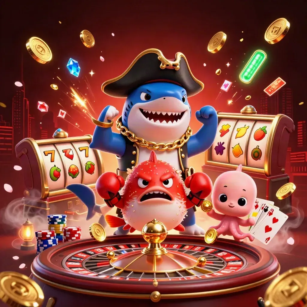 Pirate shark, boxing pufferfish, and coin-juggling octopus amid casino treasure burst