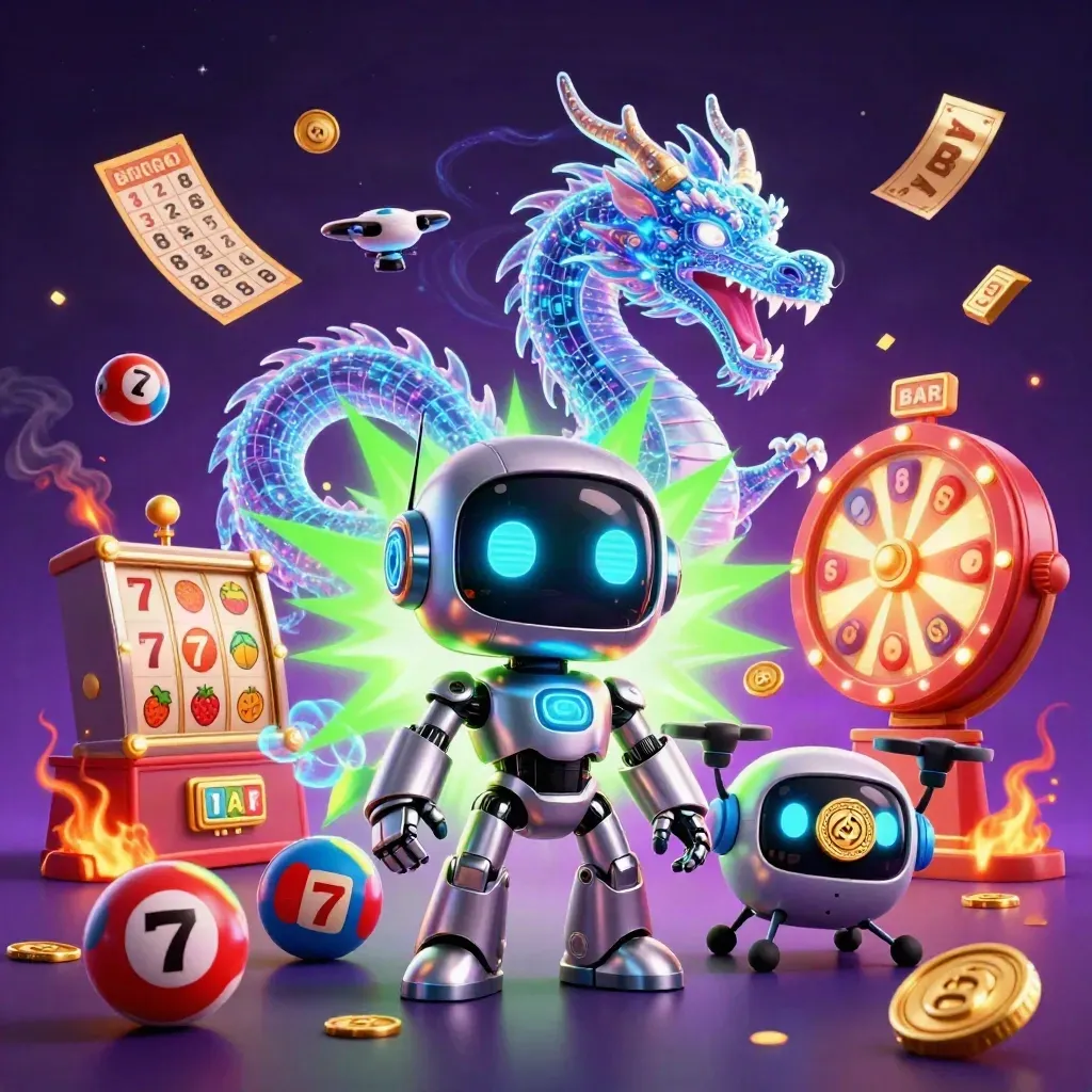 Cyberpunk robot, hologram dragon, and coin drone bursting casino loot in neon gold and green.