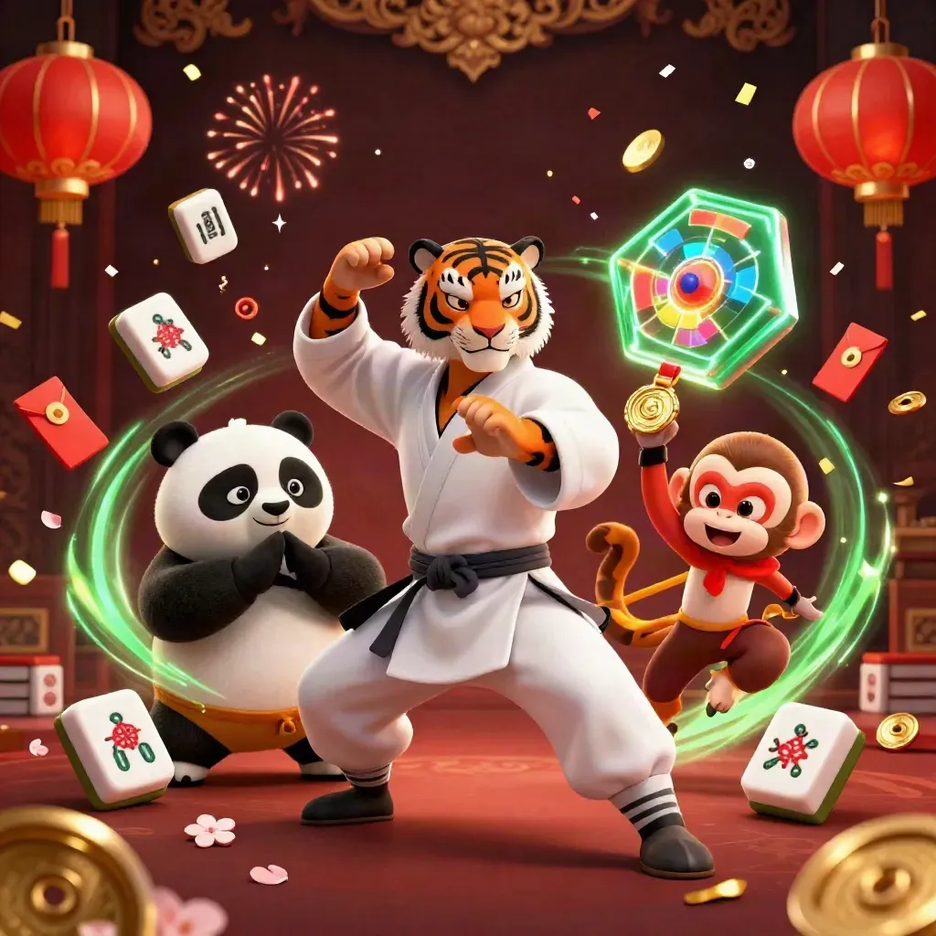 Tiger master, panda disciple, and monkey thief amid festive casino-luck magic and gold.