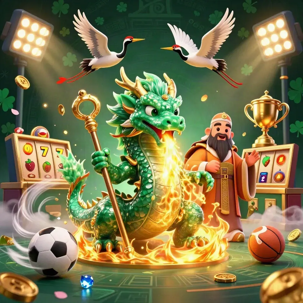 Emerald dragon, turtle sage and cranes amid casino treasures and neon green sparks