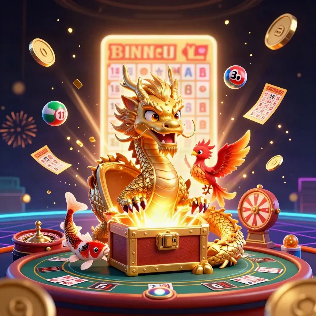 Dragon, phoenix and koi amid casino prizes, gold coins and fireworks in a neon VIP scene