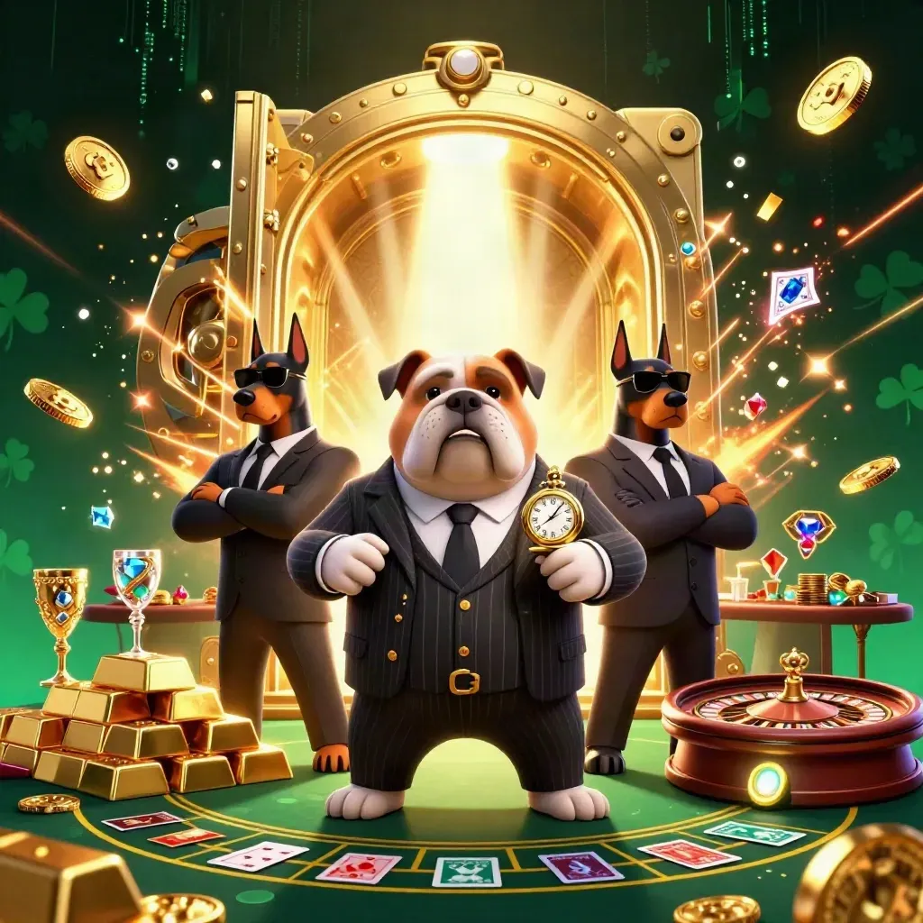 Bulldog boss and two Dobermans amid exploding vault riches and casino glow
