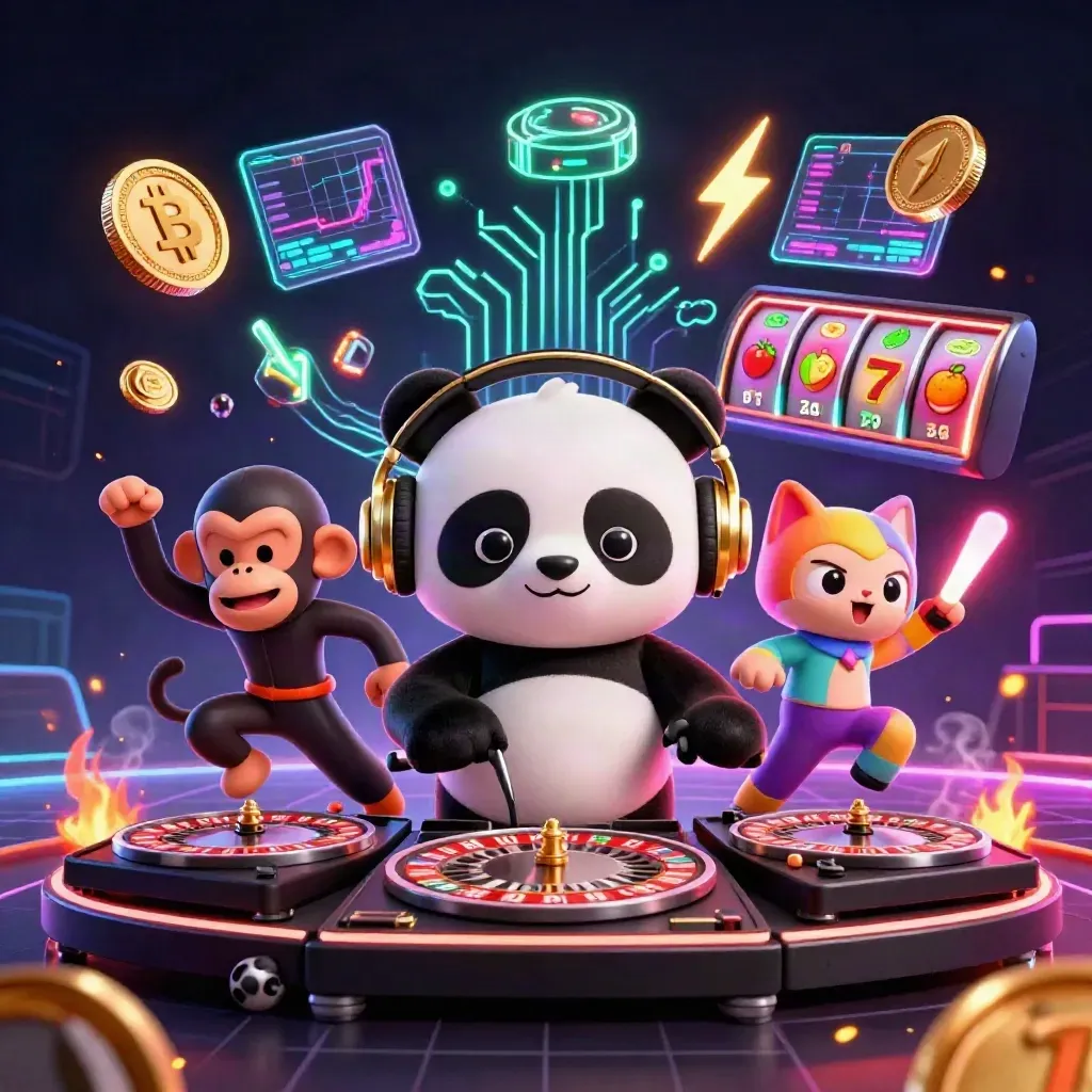 Panda DJ, dancing monkey, and glow-stick kitten amid neon coins, reels, and casino lightning.