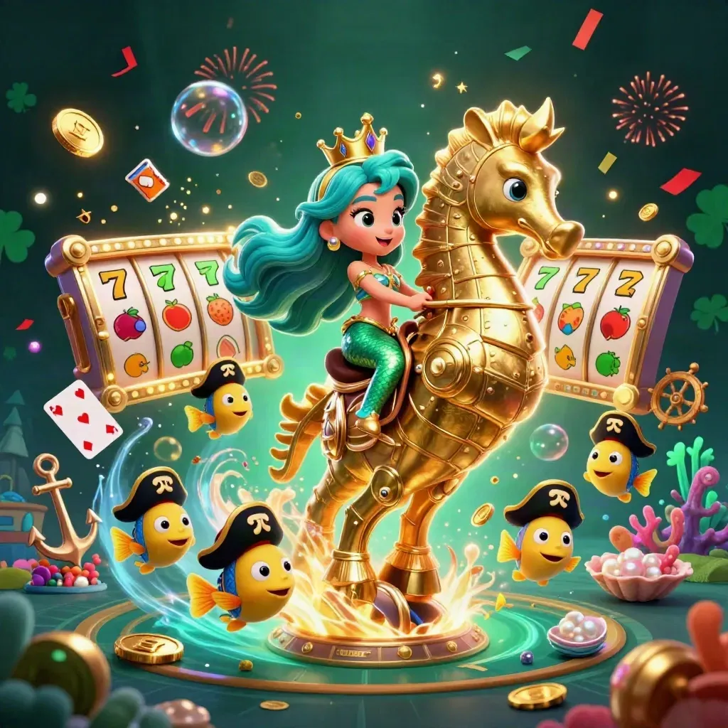 Mermaid princess rides a gold-armored seahorse amid pirate fish, coins, coral, reels, and casino sparkles.