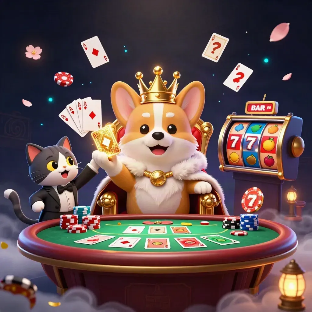 Royal corgi king and cat butler amid casino chips, cards, reels, and glowing jade magic.