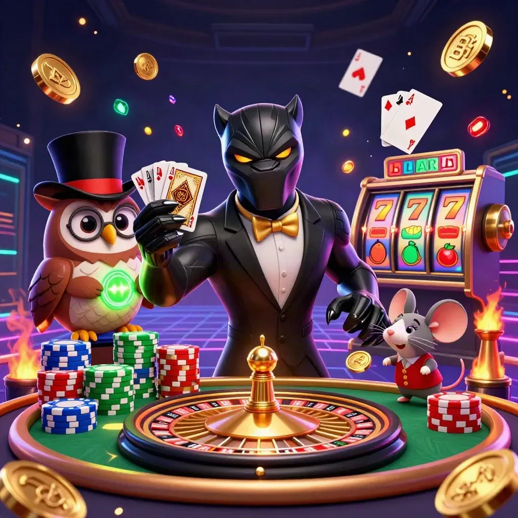 Panther, owl, and mouse amid casino chips, coins, roulette wheel, and neon glow.