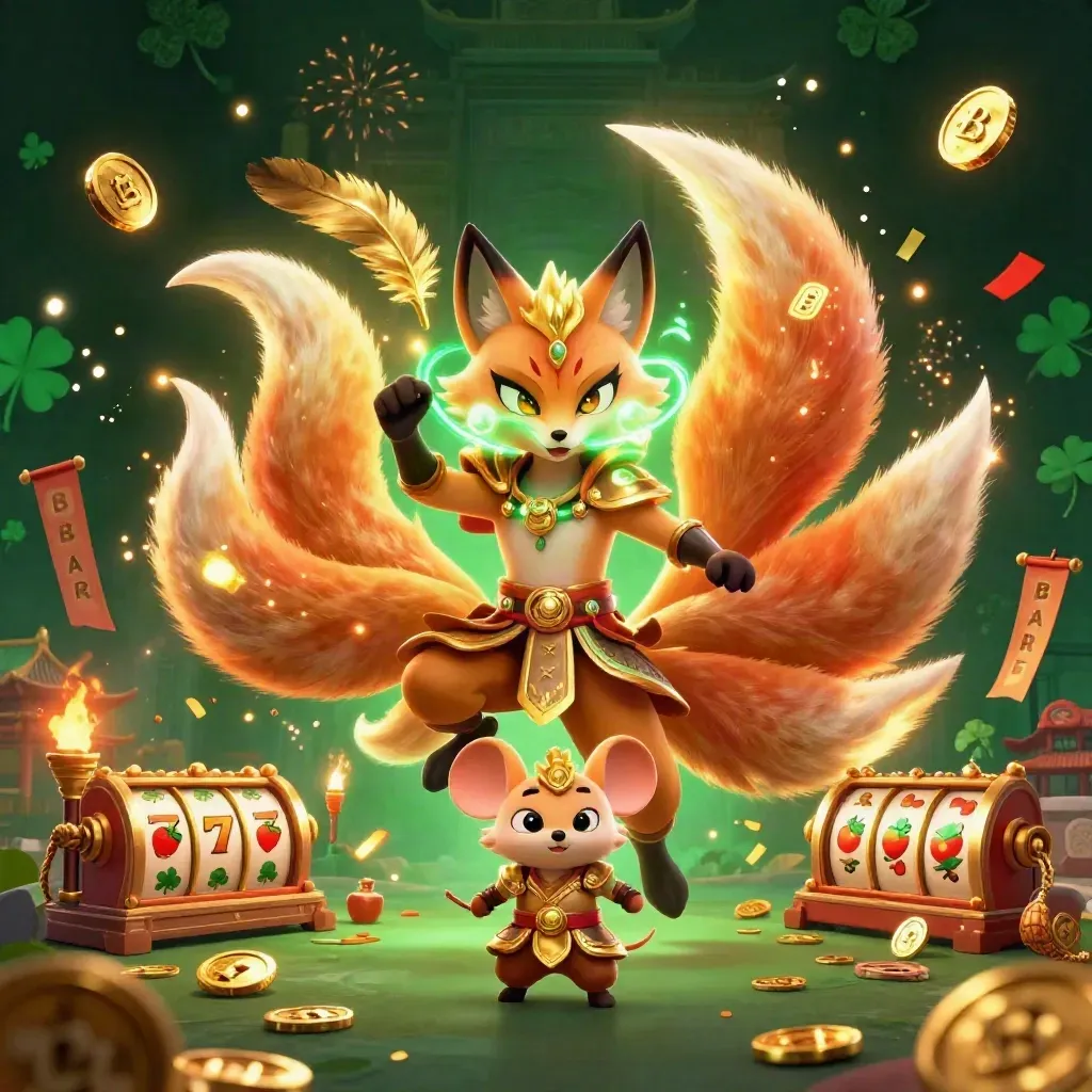 Nine-tailed fox spirit and armored mouse amid casino reels, gold coins, and glowing magic