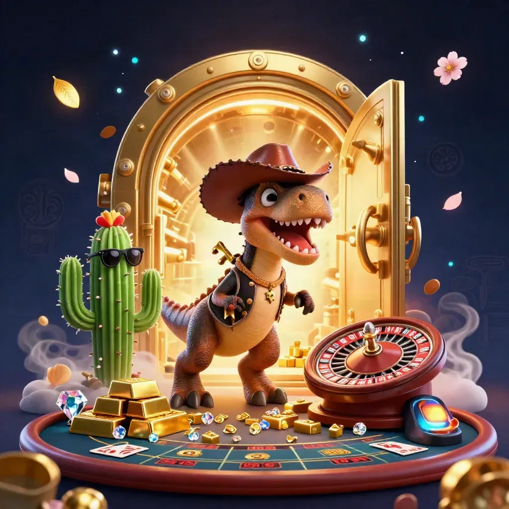 Cowboy T-Rex, cactus sidekick, and roadrunner amid a glowing casino vault and gold.