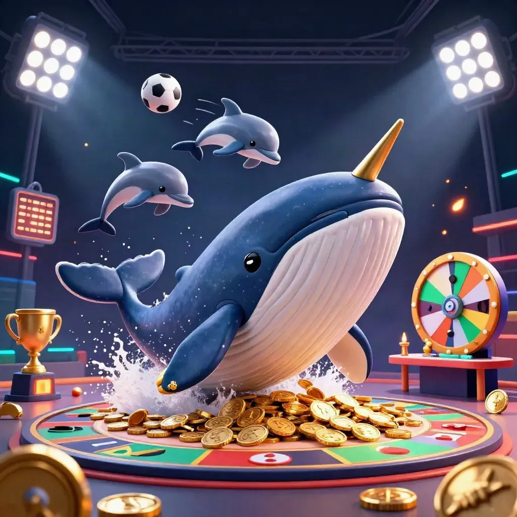 Captain whale, golden narwhal, and chip-trick dolphins in a neon casino splash scene.