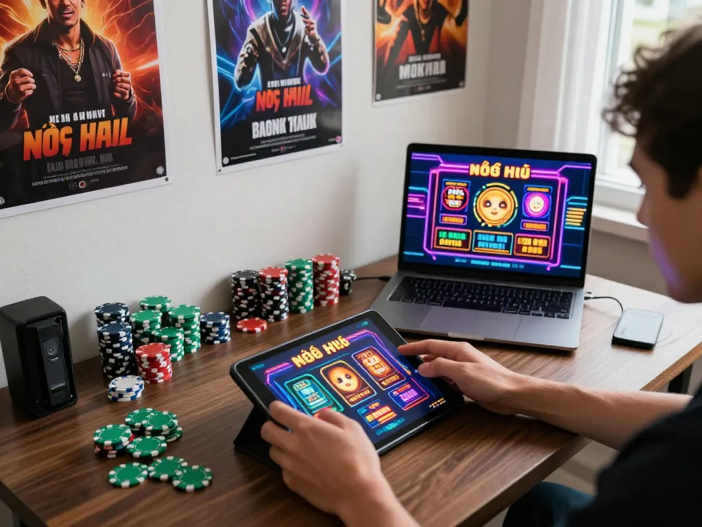 Engaging in nổ hũ gameplay on a tablet with colorful casino chips on a modern setup.