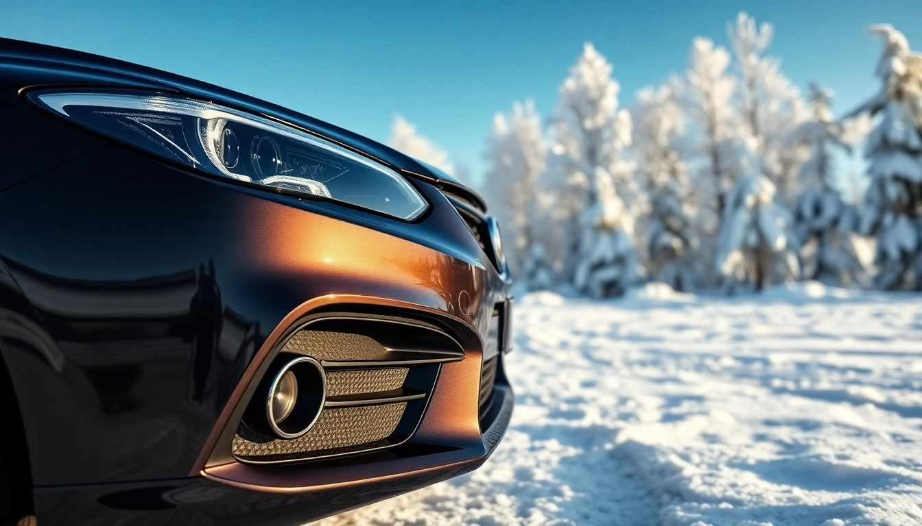 Showcasing PPF winter road salt protection on a vehicle in snowy conditions.
