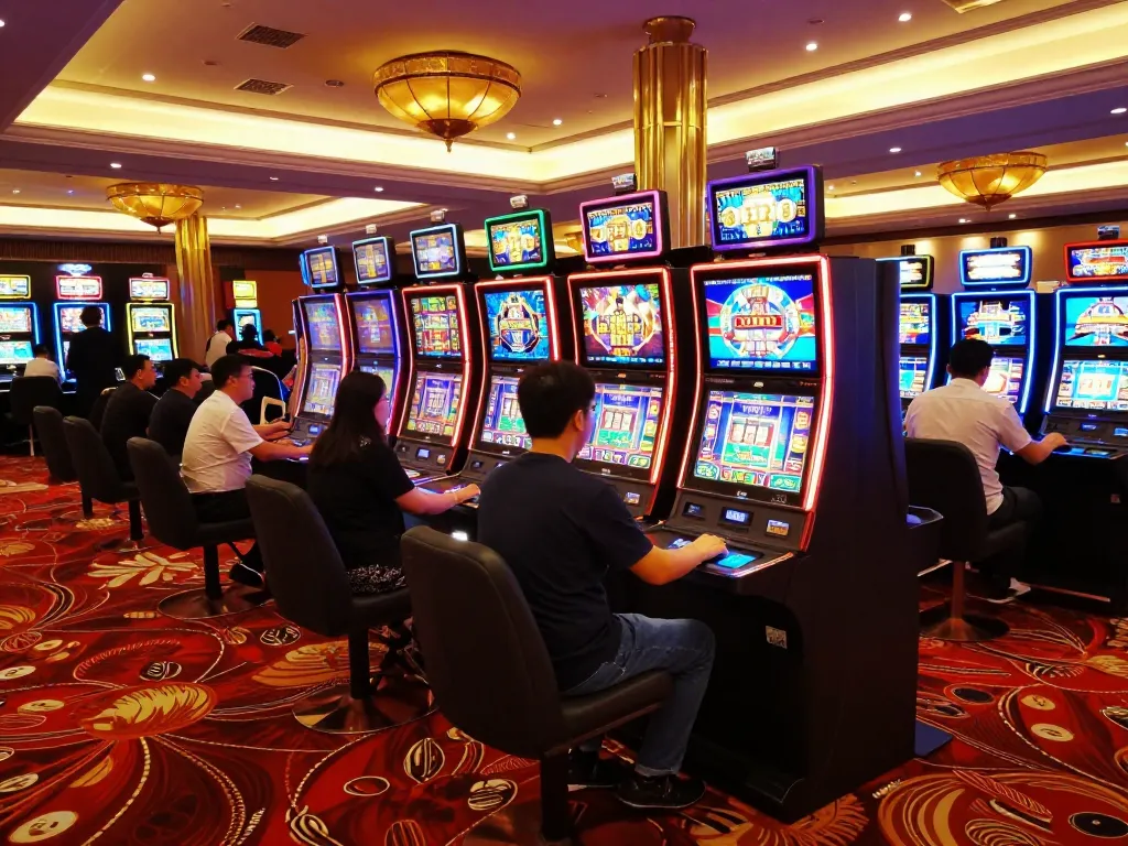Players engaging with vibrant slot machines at luck8 casino, illuminated by warm lighting.
