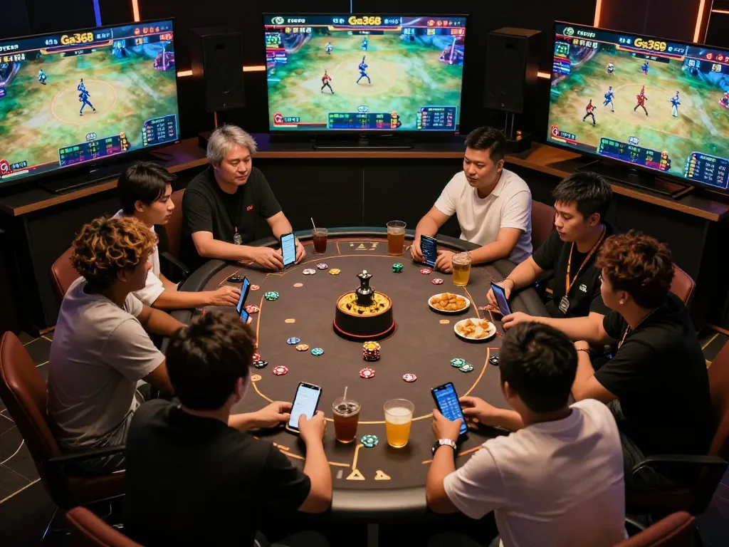 Exciting live betting scene on Ga368 with players immersed in virtual cockfighting action