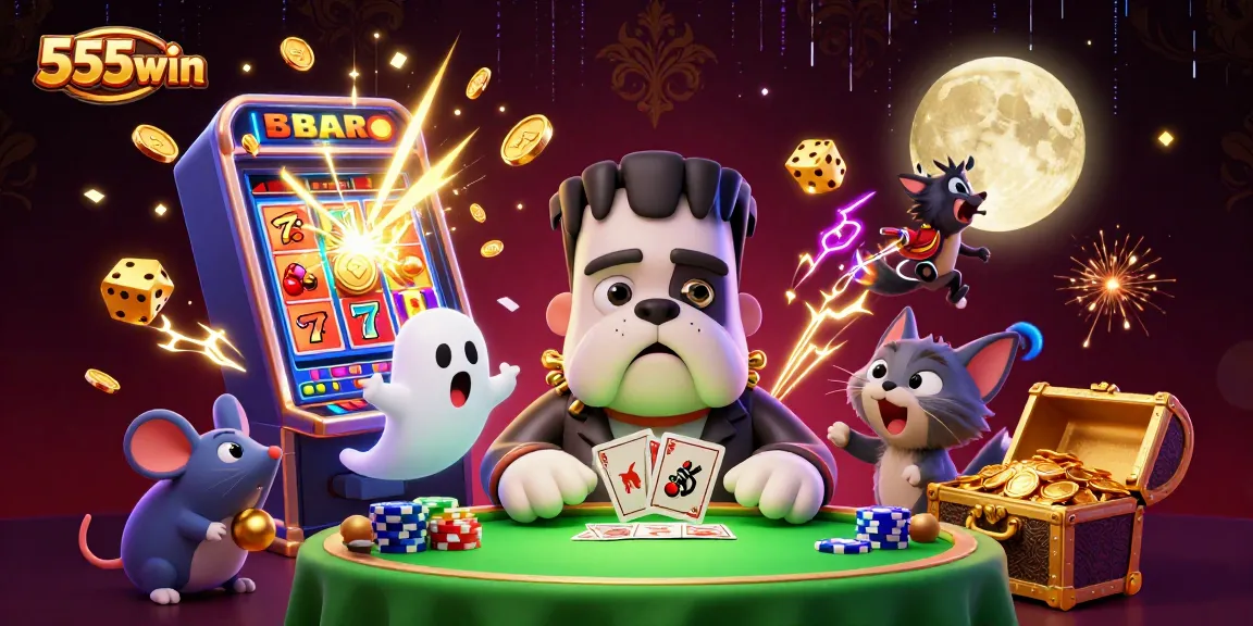 Experience the excitement of 555win as cartoon characters energize the casino vibe with jackpots and vibrant elements.