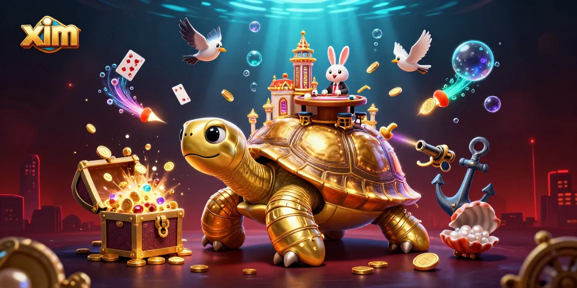 Experience a thrilling casino adventure with xim in this vibrant 3D illustration featuring golden coins and a rabbit dealer.