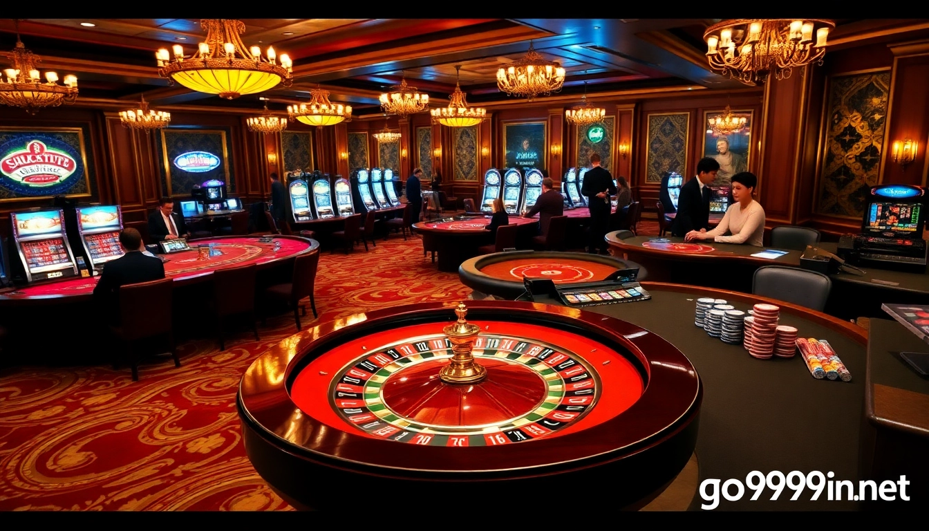 Experience the excitement of go999.in.net with a lively casino scene featuring poker tables and a roulette wheel.