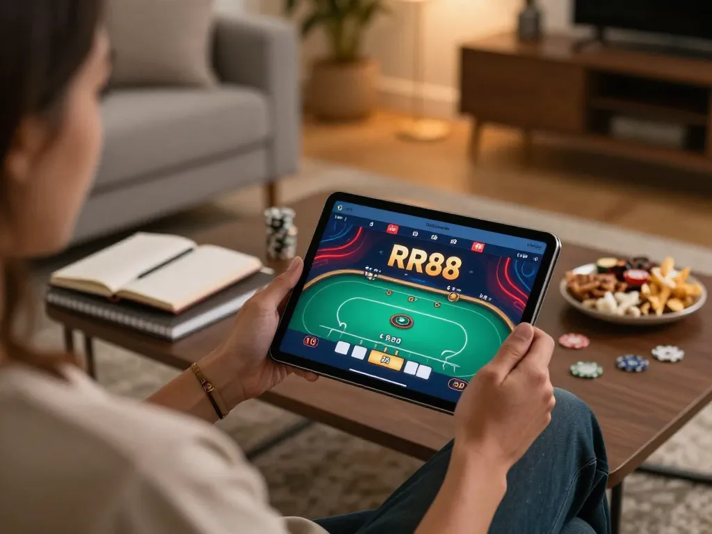 Playing poker using the RR88 App on a tablet in a cozy home setting.