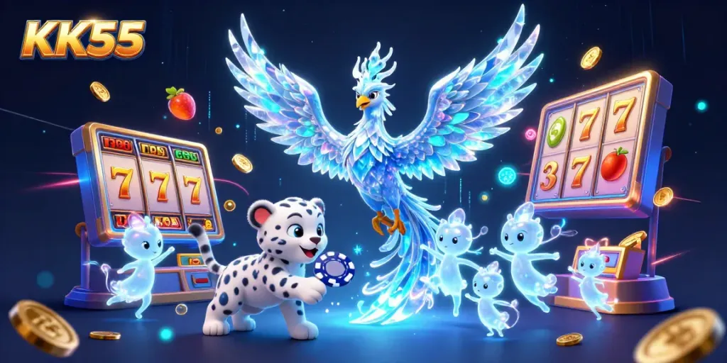 Experience the magic of KK55 with an ice phoenix, casino elements, and enchanting sprites.