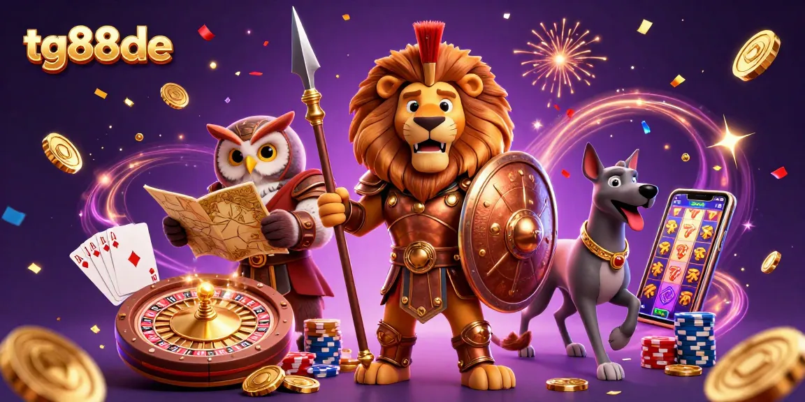 The Spartan lion leads the tg88de casino adventure, surrounded by golden coins and a roulette wheel.