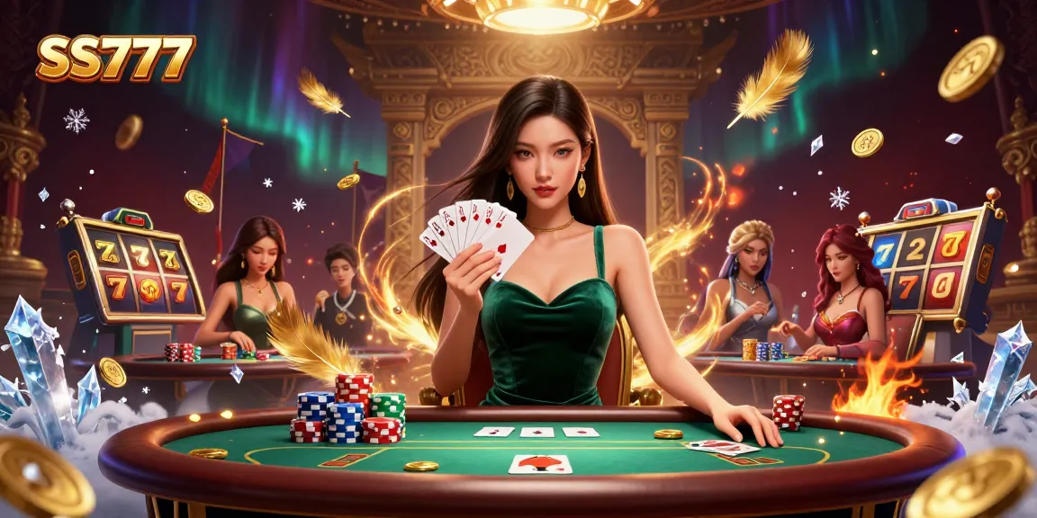Experience thrilling poker action at SS777 casino featuring a glamorous player at the table with rich details.