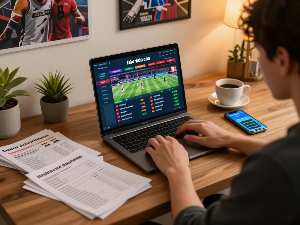 Engaging in sports betting using kèo nhà cái on a modern laptop setup at home
