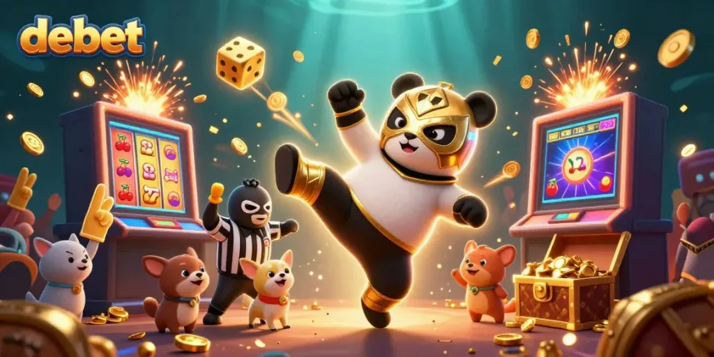 Debet promotes excitement with a colorful 3D illustration of a panda wrestler and casino elements.