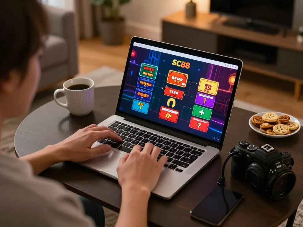 Engaging online gaming experience with SC88 on laptop in a cozy setting