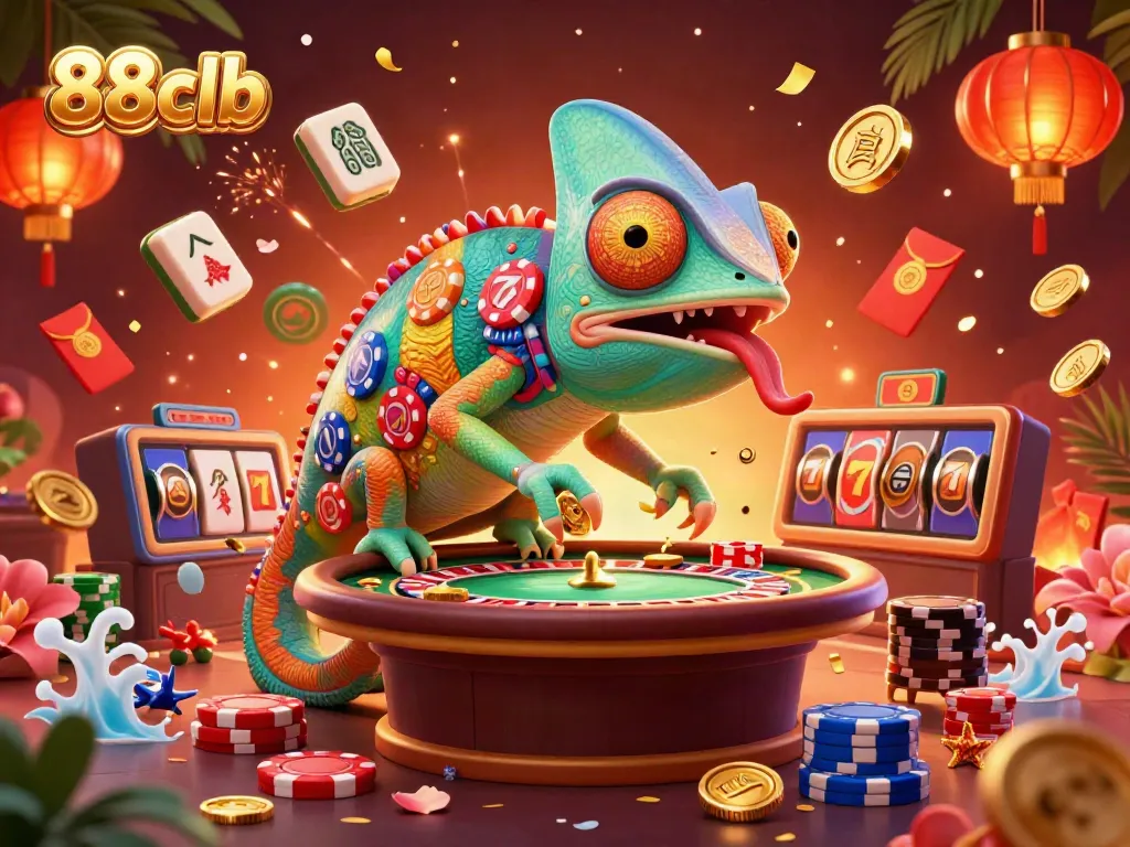 Experience the vibrant casino scene with 88clb's chameleon owner snapping up gold coins amidst festive elements.