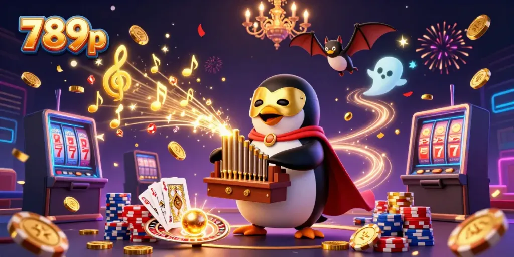 Experience the thrill of 789p with golden coins cascading from a cartoon penguin's pipe organ and celebrating with festive confetti.
