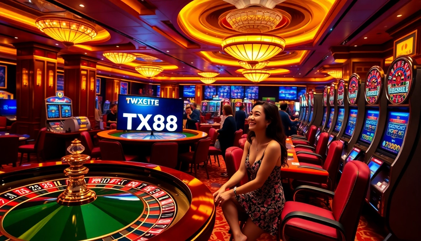 Experience the thrill of gaming at TX88, featuring vibrant roulette and poker tables.