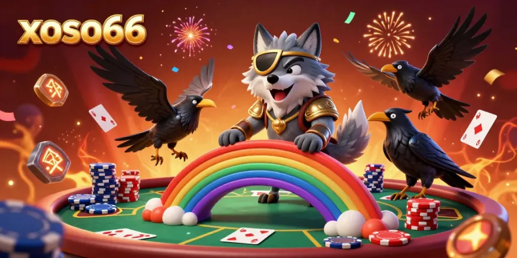 Join the excitement of xoso66 with colorful casino chips and a festive atmosphere in this vibrant gambling scene.