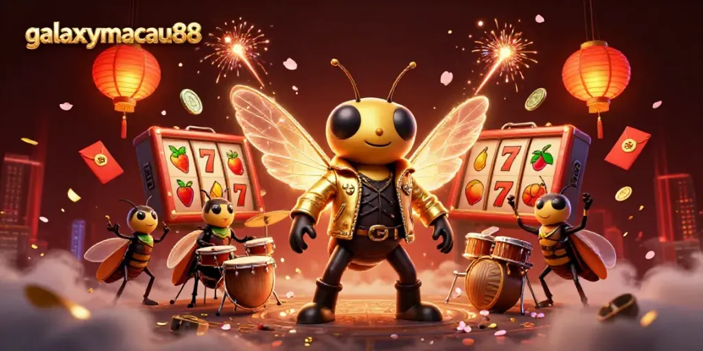 Experience thrilling casino fun with the buzzing energy of galaxymacau88 in this vibrant 3D illustration.