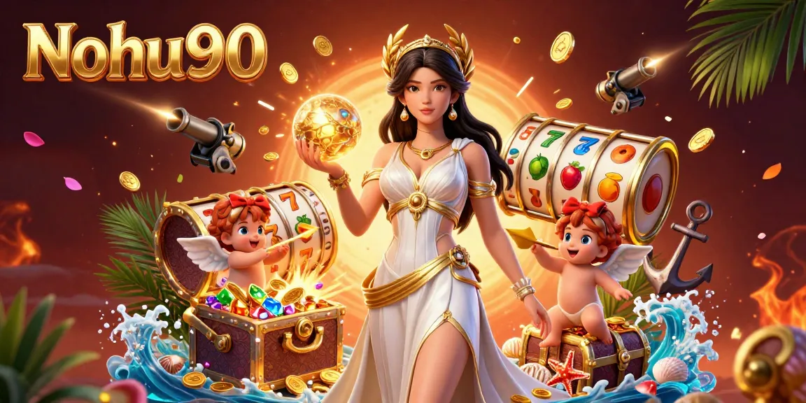 Nohu90 jackpot excitement with a goddess and cherubs amid slot reels and treasure.