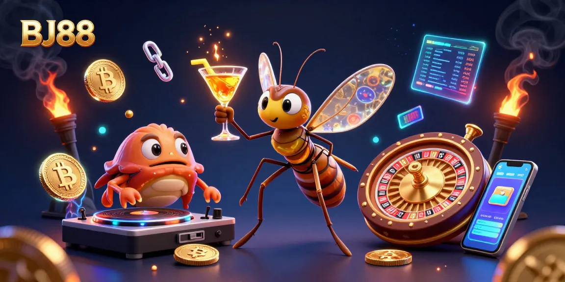 Engage with BJ88's vibrant gaming energy from a unique casino-themed illustration showcasing animated characters.