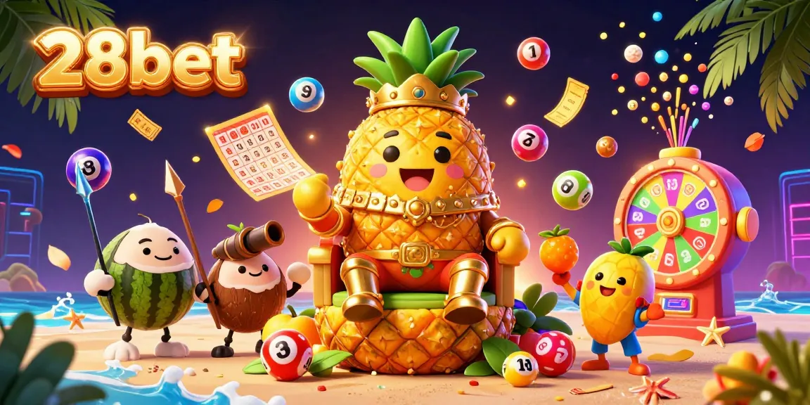Experience winning excitement with 28bet's vibrant casino illustration featuring a pineapple king and colorful games.