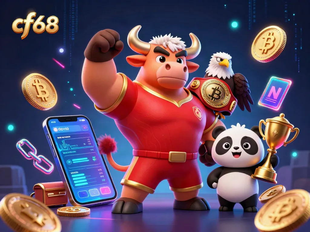 Win big with cf68 as a muscular bull mascot celebrates in a lively casino scene.