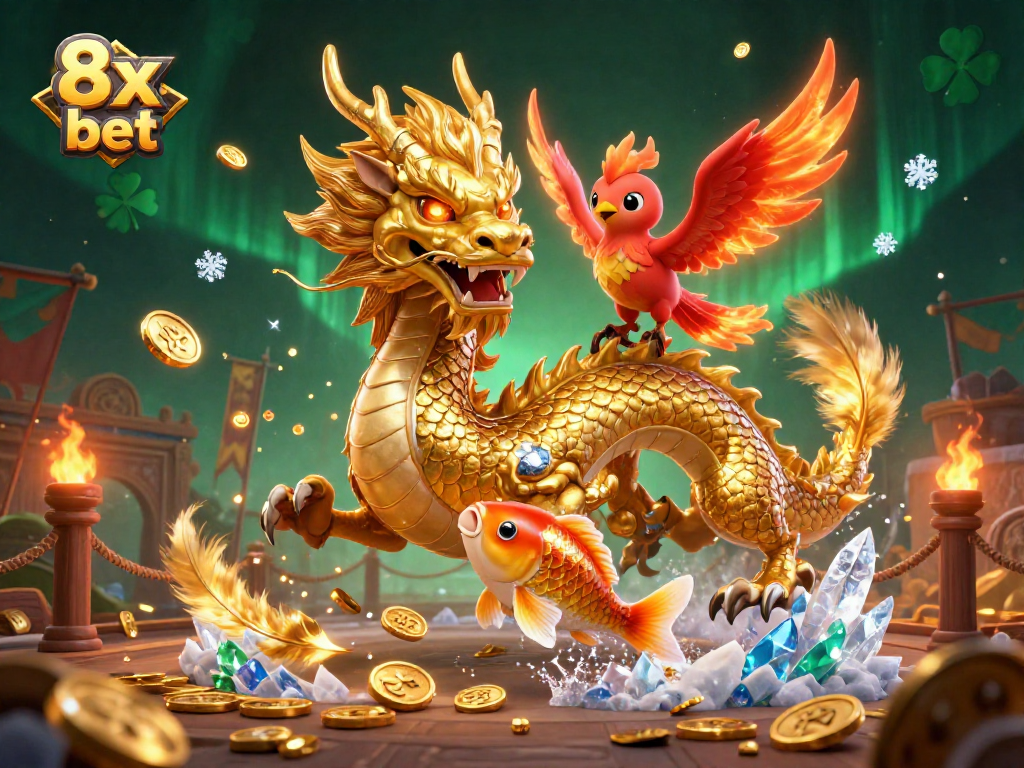 Experience the excitement of winning at 8x bet with a golden dragon and phoenix in a vibrant casino scene.