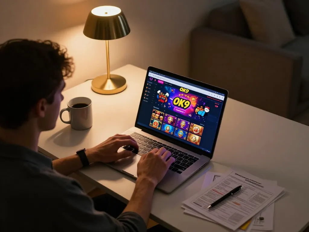 Player engaging with the OK9 online casino, enjoying a strategic gaming session at home