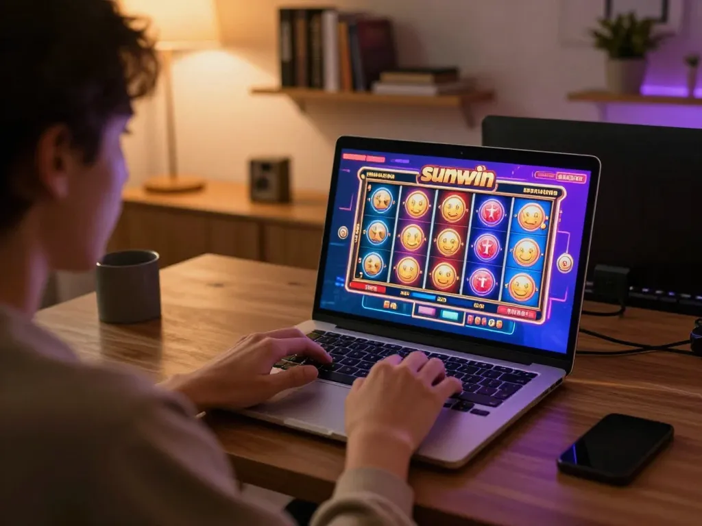 Engaging in sunwin online gaming on a stylish laptop, showcasing vibrant slot machine interface.
