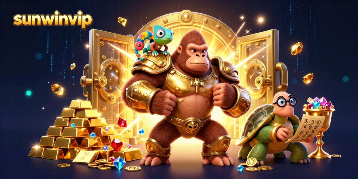 Engage with intense gaming at sunwinvip, featuring a powerful gorilla king among treasures and excitement.