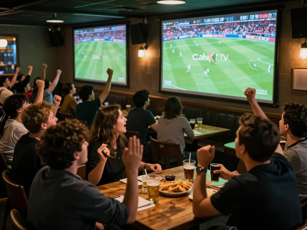 CakhiaTV viewers cheering during a live football match in a vibrant sports bar atmosphere