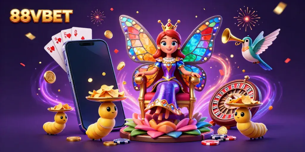 Immerse in the vibrant world of 88VBET with a 3D butterfly queen, gaming elements, and celebratory visuals.