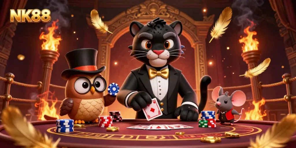 Experience the thrill of NK88 with a stylish panther, an owl, and a mouse in a vibrant casino setting.