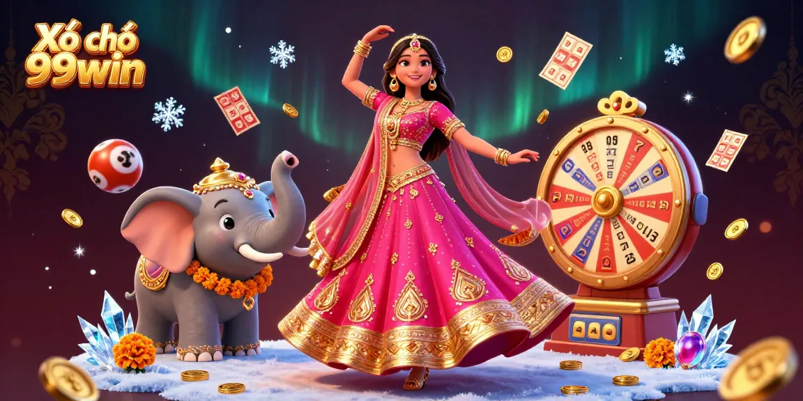Xổ số 99win presents a vibrant lottery scene featuring an Asian woman and a bejeweled elephant.